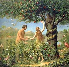 a painting of two people reaching out to an apple tree with birds in the background