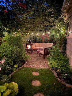 an outdoor patio is lit up at night