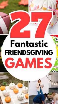 several different pictures with the words 27 fantastic friends giving games on them, including pumpkins and