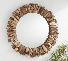 a circular mirror made out of driftwood sitting on top of a wall next to a potted plant