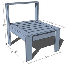 a blue wooden chair with measurements for the seat