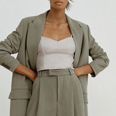 So Chic! Neutral Color Looks Great Under Blazer Or Cardigan Corset Style Very On Trend Corset Under Blazer, Chic Taupe Tops For Spring, Chic Khaki Tops From Zara, Chic Khaki Zara Tops, Spring Taupe Tops For Workwear, Cruise Fits, Purple Bodysuit, Cold Shoulder Crop Top, Leather Crop Top