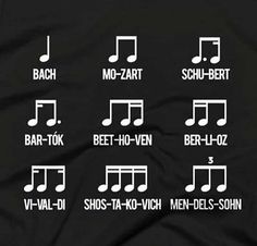 a t - shirt with musical notes on it and the words in different font styles