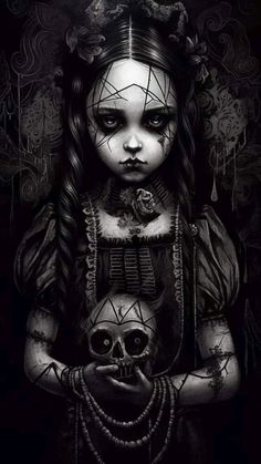 a black and white drawing of a girl holding a skull