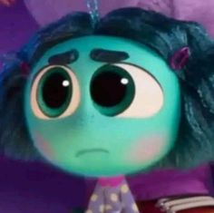 an animated character with big eyes and blue hair