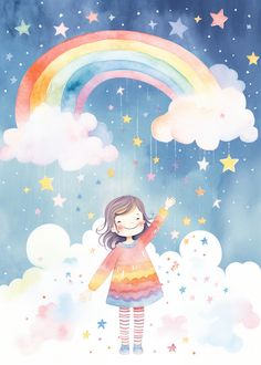 Child joyfully reaching out beneath a colorful rainbow, amidst soft clouds, shimmering stars, and dreamy watercolor backdrop, perfect for kids' room decor. Rainbow Illustration Art, Snowman Watercolor, Rainbow Illustration, Dreamy Clouds, Nursery Illustration, Homemade Card, Watercolor Nursery, Twinkling Stars, Winter Snowman