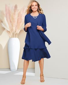 You'll fairly float into the party in this creation, made of sheer georgette. The tunic-length jacket's hemline dips to points in front and back. Sleeveless, fully-lined pullover dress has two fluttering tiers. Hits at knee. Neckline: Jewel Sleeve Length: Long Length: Dress length from natural waist: Misses and Women's 25''; Petites 24'' Content: 100% Polyester Care: Machine wash. Origin: Imported Why We Love It T his is it! More than just a jacket dress, this look is our customers' #1 outfit fo Outfits Fo, Georgette Fabric, Tunic Length, Long Length, Special Occasion Dresses, Fitted Dress, Occasion Dresses, Mother Of The Bride, Party Outfit