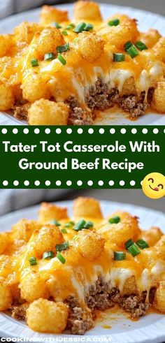 tater tot casserole with ground beef recipe is shown on a plate