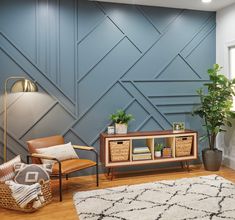 a living room with blue walls and furniture