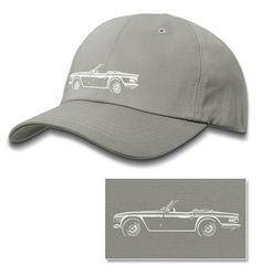 a gray hat with a car drawn on it's side and an image of the back