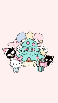 hello kitty wallpaper with a christmas tree and many other animals around it, all in pastel colors