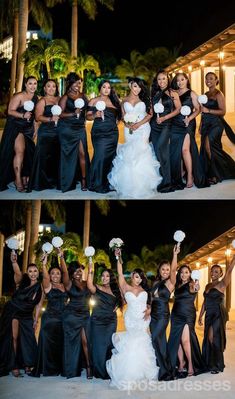 the bride and her bridal party pose for pictures at night in their black dresses