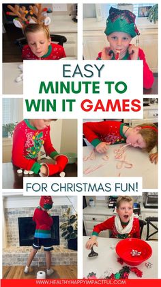 four pictures with the words easy minute to win it games for christmas fun