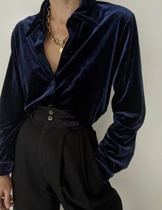 Blue Velvet Shirt Men, Male Blouse Aesthetic, Andro Wedding Attire, Cute Feminine Clothes For Men, Velvet Button Up, Blue Velvet Clothes, Men Fancy Outfit Classy, Masculine Formal Wear, Unisex Formal Wear