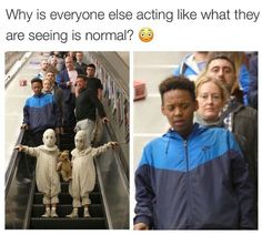 two pictures of people on an escalator with the caption'why is everyone else acting like what they are seeing? '