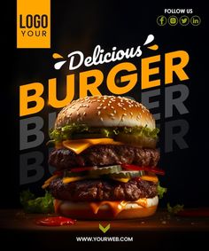 a burger advertisement is shown on a black background