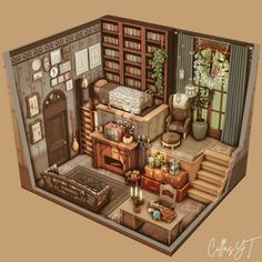 the interior of a doll house with furniture and bookshelves