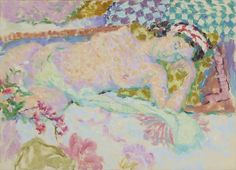 a painting of a woman laying on a bed with flowers in front of her face