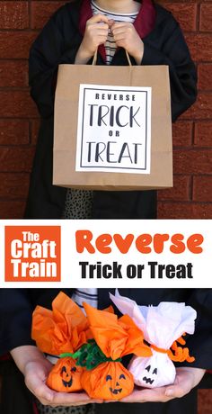 a person holding a trick or treat bag in their hands with the words reverse trick or treat on it