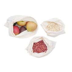 three bags filled with different types of fruits