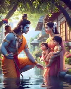 an image of the hindu god and his family in the water with their babys