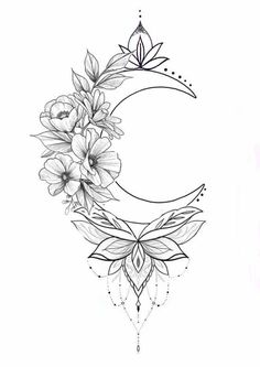 a drawing of the moon with flowers on it's side and an arrow in the middle