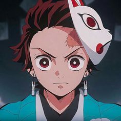 an anime character with red hair and big eyes wearing a mask on his head, staring at the camera