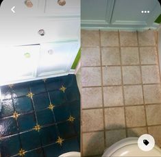 a bathroom with green and white tile on the floor, and an image of a toilet