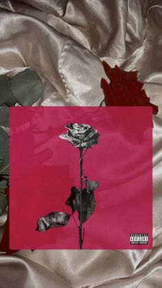 a single rose on a pink and silver sheet with leaves laying next to it in front of a red background