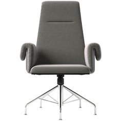 a grey office chair with chrome legs and an upholstered armrest, viewed from the front