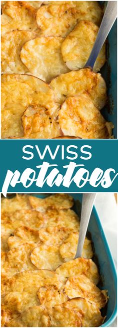 two photos showing how to make swiss potato casserole