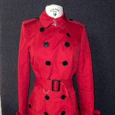 Color: Parade Red Size: Uk 6/Us 4 Length: Long Model: Kensington Luxury Red Double-breasted Outerwear, Luxury Red Fall Outerwear, Designer Red Long Sleeve Outerwear, Red Trench Coat, Burberry Jacket, Burberry, Trench Coat, Size 4, Jackets For Women