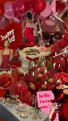 a woman in a red dress standing next to a table filled with cakes and balloons