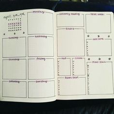 an open planner book with notes on the pages and numbers in each section, including days