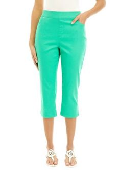 Add a pop of color to your casual assortment with these capri-length pants from Kim Rogers. | Kim Rogers Women's Capri Pants, 18 Spring Bermuda Stretch Pants, Trendy Knee-length Bottoms For Spring, Spring Cotton Bermuda Capris, Green Cropped Leg Bottoms, Spring Bermuda Cotton Capris, Green Knee-length Bottoms, Trendy Cotton Capri Bottoms, Trendy Cotton Capri-length Bottoms, Trendy Cotton Capri Length Bottoms