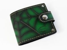 Spider Web Bifold Leather Wallet – San Filippo Leather Green Bifold Wallet For Formal Occasions, Luxury Green Bifold Wallet, Handmade Bifold Wallet For Formal Occasions, Spider Web Design, Leather Card Wallet, Saddle Leather, Leather Conditioner, Green Accents, Leather Wallet Mens