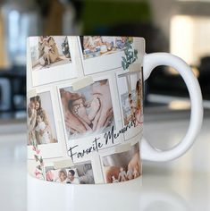 a white coffee mug with pictures of people holding hands and the words favorite moments on it