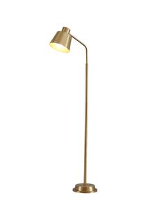 a gold floor lamp with a white light on the top and one arm in the shape of a cone