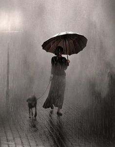 a woman walking her dog in the rain with an umbrella over her head while it is raining