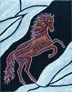 a painting of a horse on a black and white background with red dots around it