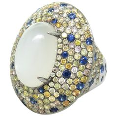 Impressive Moonstone Sapphire Diamond Gold Cocktail Ring | 1stdibs.com Sparkly Accessories, Colored Diamond Rings, Precious Gemstones Jewelry, Gold Cocktail Ring, Gold Cocktail, Moonstone Jewelry, Diamond Gold