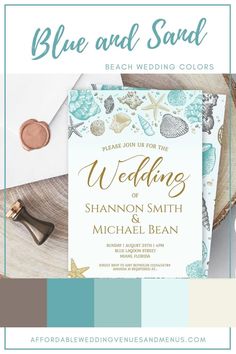 a wedding card with the words blue and sand on it