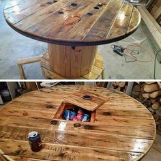 two pictures side by side, one has a beer bottle in it and the other has a wooden table