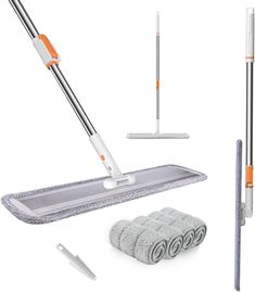 an orange and white mop is next to some cleaning supplies on a white background