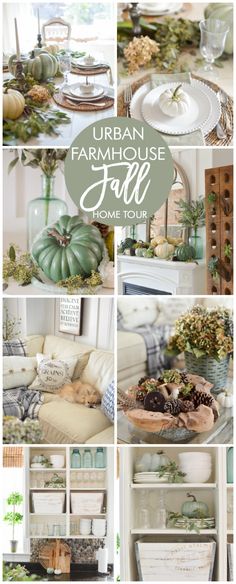 a collage of photos with pumpkins and other things in them, including dishes