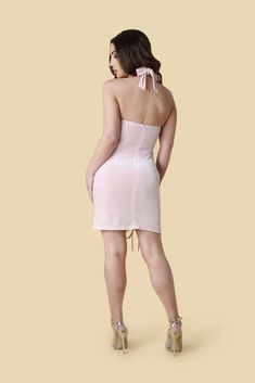 Our blush pink dress has a figure flattering design that achieves a classic hourglass shape. The fitted bodycon technology accentuates your waist and perfectly frames your hips for a seductive, smooth outline. The dress has a halterneck design to highlight your cleavage and is made from luxurious blush pink velvet material that’s oh so soft. The dress features a concealed back zip and drawstring side detail which creates attractive ruching to the outline. This cute outfit is romantic, feminine a Halter Neck Bodycon Dress, Blush Pink Dress, Blush Pink Dresses, Hourglass Shape, Neck Bodycon Dress, Velvet Material, Pink Velvet, Halter Neck, Pink Dress