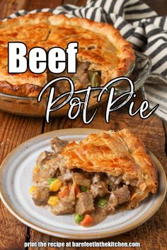 beef pot pie on a plate with text overlay