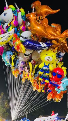 a bunch of balloons that are in the shape of animals on a boat at night