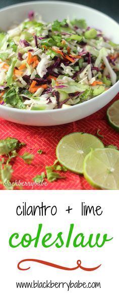 a white bowl filled with coleslaw and garnished with lime wedges