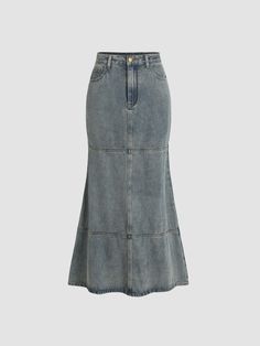 a woman wearing a denim skirt Fitted Blue Washed Skirt, Fitted Washed Denim Skirt, Fitted Washed Blue Skirt With Pockets, Fitted Washed Denim Blue Skirt, Fitted Denim Blue Washed Skirt, Mermaid Maxi Skirt, Textile Waste, Skirts Denim, Denim Pocket